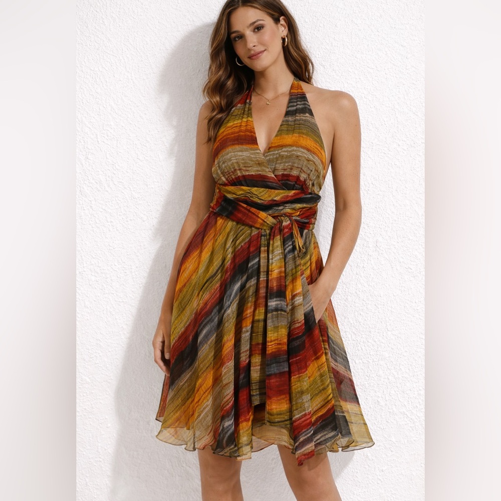 100% silk One-Shoulder‎ Halter Stripe ruche Dress in Autumn Stripe 16